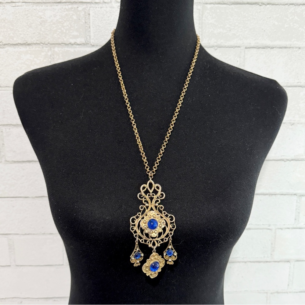 Vintage Victorian Revival Art Nouveau Filigree Large Pendant Gold Tone Necklace